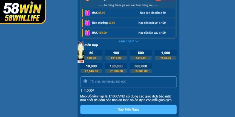 Nguyên tắc cần nắm khi giao dịch nạp tiền tại 58Win
